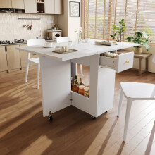 Klappbarer Esstisch (120 x 75 x 75 cm), mobile Küchenarbeitsfläche, für 2-4 Personen, mit offenem Stauraum, 2 Schubladen, bremsbaren Ro