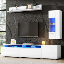 TV Wohnwand Set 3-teilig LED Beleuchtung Hochglanz Wohnzimmer Möbel Set Frontale Wohnwand 1 x TV Schrank, 1 x Wohnzimmer Vitrine, 1 x H