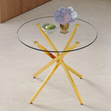 Runder Esstisch im luxuriösen Leicht-Design mit 88 cm Durchmesser. Moderner, schlichter Esstisch aus gehärtetem Glas mit goldenem Metal