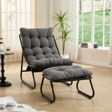 Patio Outdoor Lounge Chair with Ottoman, Comfy Sling Recliner Chair with Puffy Cushion and Foot Stool, Ideal for Living Room, Bedroom,