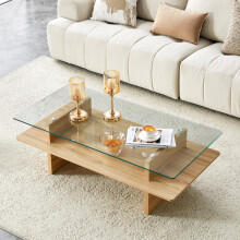 Zwei-Schicht-gehärtetes Glas & MDF-Couchtisch, natürliches Holz Finish Modern Doppelschicht-Couchtisch mit robustem Rahmen für Wohnzimm