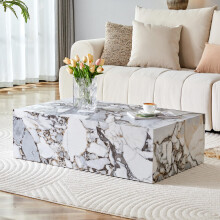 Weißer rechteckiger Couchtisch mit Marmorimitat-Textur. Maße: 905030 cm, MDF-Material, keine Montage erforderlich. Geeignet für mod