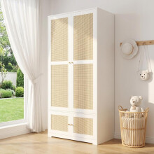 Rattankleiderschrank,2-türige Kleiderschränke, Kleiderschrank, mit Kleiderstange und Stauböden, aus MDF und lackierten Fronten, Schlaf