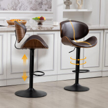 Drehbare Barhocker, 2er-Set, höhenverstellbare Barhocker aus gebogenem Holz, Barstuhl mit PU-Lederbezug, ergonomischer Rückenlehne und