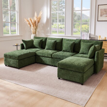 Modulares Sofa, umwandelbar in U‑Form und L‑Form, mit 2 Hockern und 6 Kissen, modernes Chenille‑Stoff‑Sofaset, geeignet für Wohnzimmer,