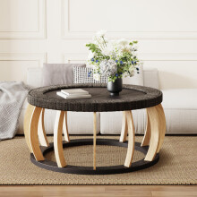 Vintage Rattan Solid Wood Round Coffee Table, Curved Legs Boho Accent Table for Dining Room, Kitchen And Living Room,Black Brown