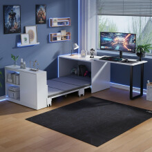 Dieser 2-in-1 Schreibtisch und das Klappbett verfügen über ein Metallbettgestell und -beine, eine 4 cm dicke Matratze, Rollen, einen ei