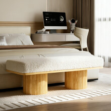 122cm Modern Fluffy Bench with Solid Wood Base, Teddy Fleece Upholstered Ottoman for Bedroom Entryway, Cream Style