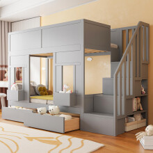 Etagenbett für Kinder mit Stauraumtreppe und Schubladen, 90 x 200 Großes Hochbett mit Fenstern und Staukästen, Holzgestell mit Sicherhe