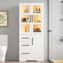 72x35x170 cm Badezimmerschrank, LED Aufbewahrungsschrank, Doppel-Glastüren, 3 Schubladen & 2 Schränke, App-gesteuertes LED-Licht, Verst
