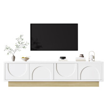 Moderner weißer TV-Schrank mit Holzmaserung – 175 cm – Minimalistisches Kurvendesign – Ausreichender Stauraum & Kabelmanagement