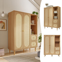 Kleiderschrank Landhausstil Eiche 161x120x44 cm Holz, 2 Türen, 2 Schubladen, offene Regale, mit Kleiderstange, ideal für Schlafzimmer u