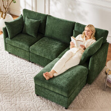 L‑förmiges Ecksofa, umwandelbar zum 3‑Sitzer, modular aufgebaut, mit beweglichem Hocker und 4 Chenille‑Kissen, ideal für Wohnzimmer, Ap