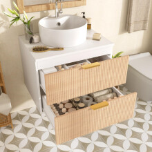 60 cm wandmontierter Badschrank mit rundem Keramikwaschbecken, Schubladenfronten in Holzoptik mit schlichtem Streifendesign, hochwertig