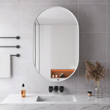 Stylish Oval Mirror Cabinet, Recessed Medicine Cabinet, Wall Cabinet with Metal Framed, Mirror and Adjustable Shelves, Mirror Cabinet w