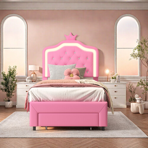 Single Bed Frame, 3FT 90x190cm, PU, Pink 2