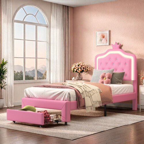 Single Bed Frame, 3FT 90x190cm, PU, Pink
