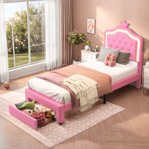 Single Bed Frame, 3FT 90x190cm, PU, Pink 1