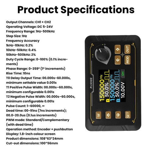 PLS500 Dual Channel PWM Pulse Signal Generator 1Hz-500kHz with Adjustable Dead Zone Complementary Waveform 2