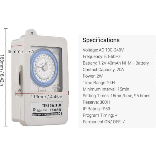 Programmable timer IP53 24h 15min interval 96 activations 1