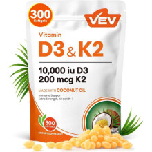 CXINLky 2 in 1 Vitamin D3 K2 10000 IU Softgels, 300 Capsules with Virgin Coconut Oil, Bone & Immune Health