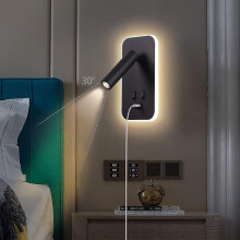 LED-seinävalaisin kytkimellä, lukuvalolla, USB-latausportilla