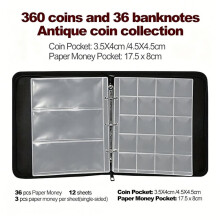 Ognioodporny Album na Monety, Segregator na Monety z 360 Kieszeniami i 36 Przegródkami na Banknoty, Monety Jednocentowe i Odznaki