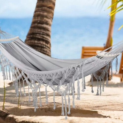 Hamaca de jardín de algodón con borlas de estilo bohemio. 1