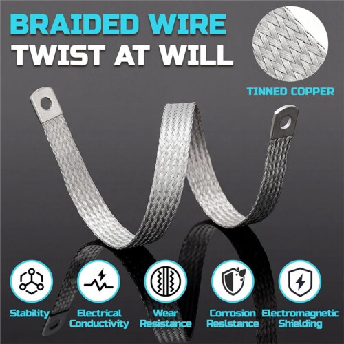 12" 4 Gauge Ground Strap Automotive Braided Engine Grounding Wire, Vehicle Bonding Strap, Stud Size 1/3'' 2