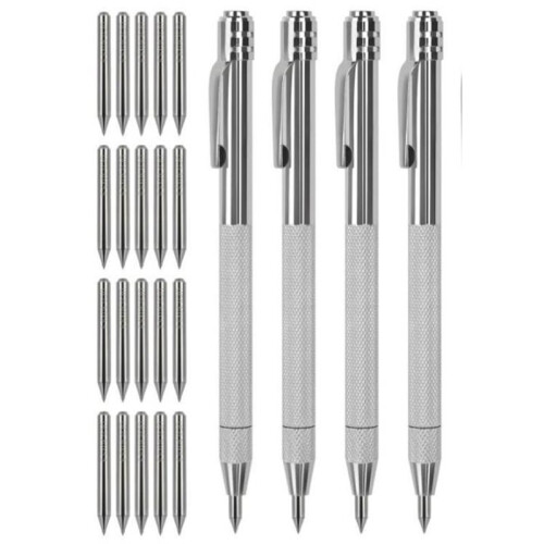 4 Pack Tungsten Carbide Scribe Pen with Magnet & 20 Replacement Tips, Scriber Marking Tool with Knurled Aluminum Handle