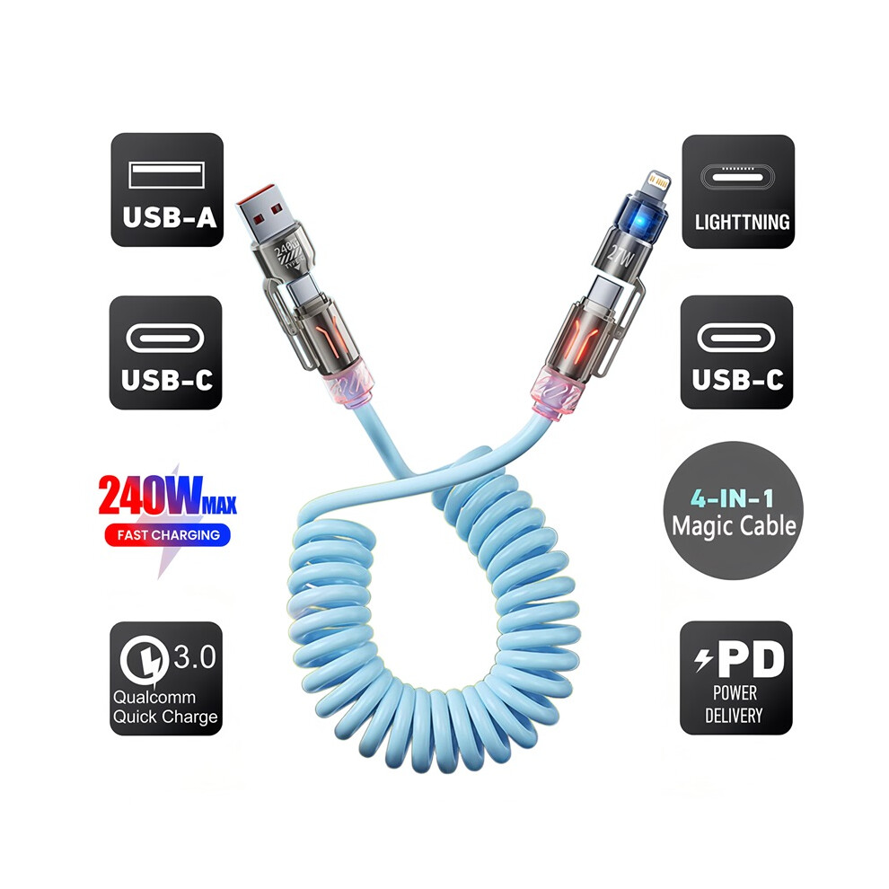 (Blue) 240W 2 In 2 Spring Stretching Usb Cable Type C Cable Cord For Samsung Xiaomi Huawei Usb C Cable For Iphone Usb Data Cable Blue 4017648579207