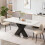 120CM-160CM Modern Rectangle Dining Table Stretchable,Printed White Marble Table Top+MDF Black X-Shape Table Leg with Metal Base 4