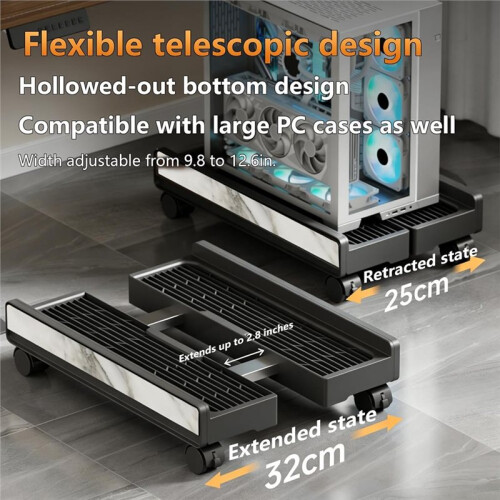 Adjustable Rolling Computer Cart with Wheels, Mobile CPU Floor Stand for Gaming Desktop PC Towers
