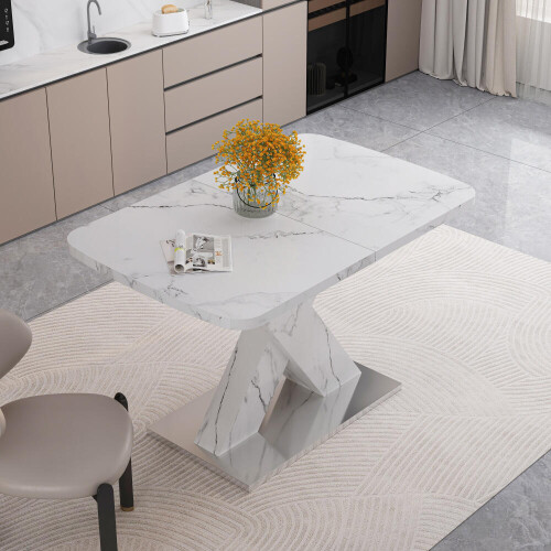 120CM-160CM Modern Rectangle Dining Table, Stretchable, with Printed White Marble Table Top+MDF X-Shape Table Leg with Metal Base 2