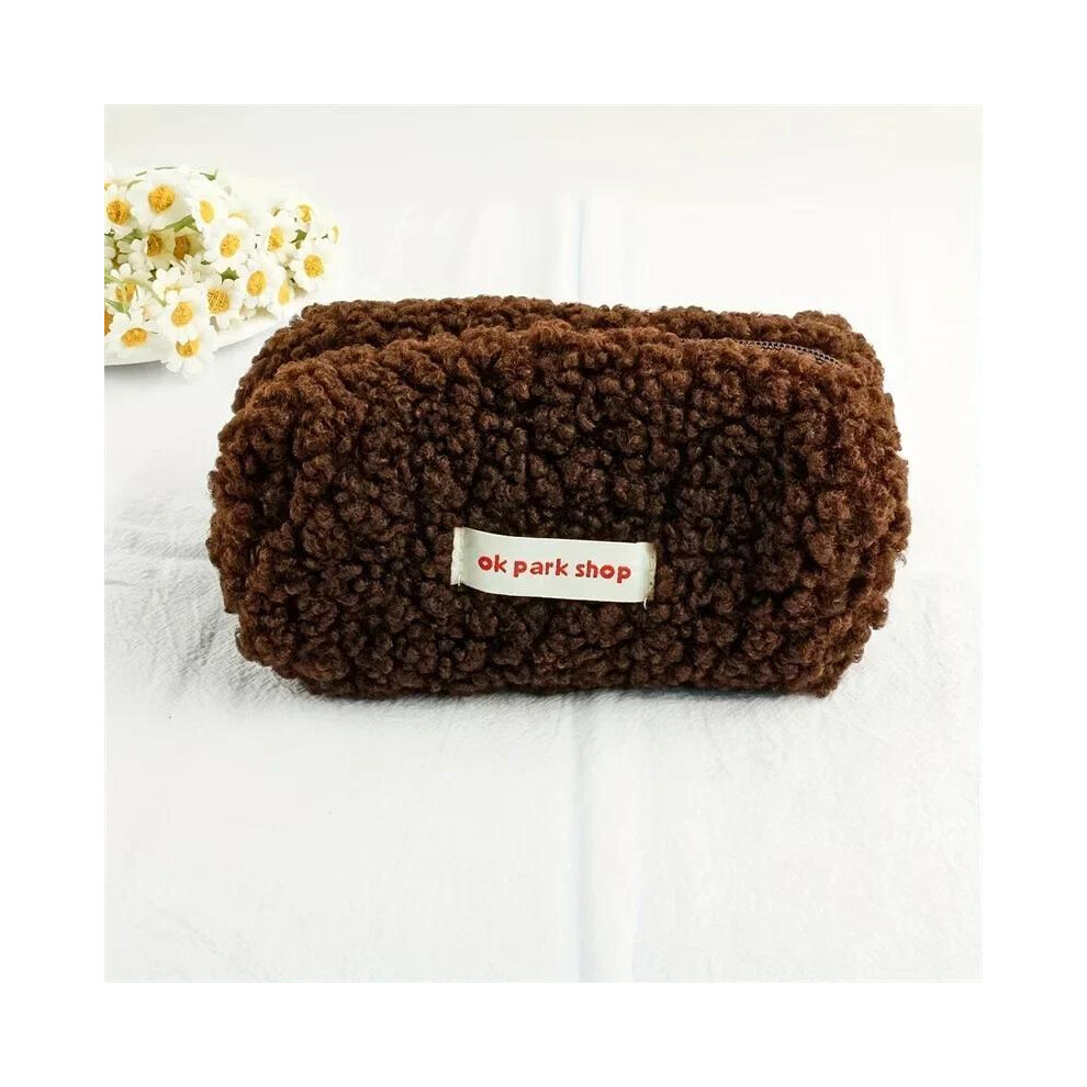 Stoyotu (Brown) Large Capacity Travel Makeup And Wash Bag Coin Purse Stationery Storage Bag Cute Plush Makeup Bag Stylish And Simple Lamb Wool