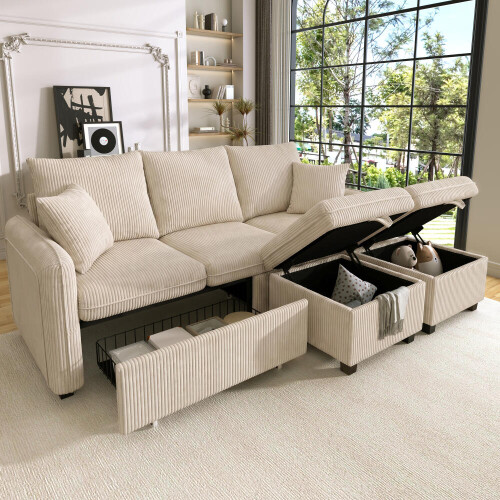 Multifunktionale Ecksofa U-Form-Dreisitzer Polster-Sofa mit Staufunktion – Inklusive Schubladen + Hocker mit Staufach, modular zerlegb 1