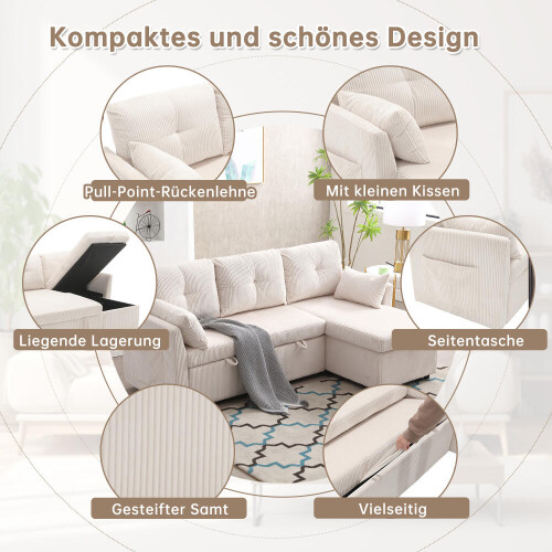 Multi-functional sofa bed with storage and pull-out bed, chaise longue interchangeable sofa bed, sectional sofa with storage seats, mod 2