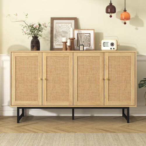 Sideboard 140x39,5x80 cm mit echtem Rattangeflecht, 4 Türen 1