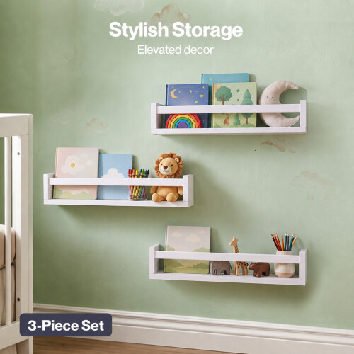 Levede Nursery Book Shelves Kids Wall Floating Shelf White Solid Wood 3 Pack 1