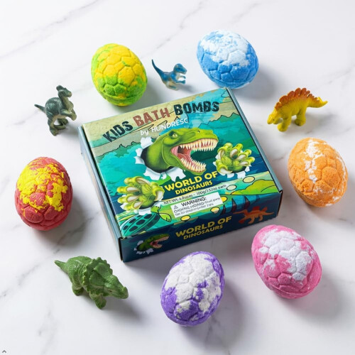 6 Dinosaur Egg Bath Bombs with Toy Inside, Natural Fizzy