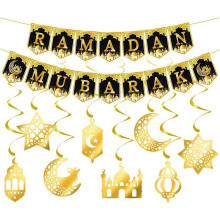 Eid Mubarak Banner,Ramadan Decorations for Home with Hanging Swirls Party Kit,Black and Gold Star Moon Lantern Foil Orna