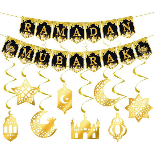 Banner Eid Mubarak, negru auriu, lună