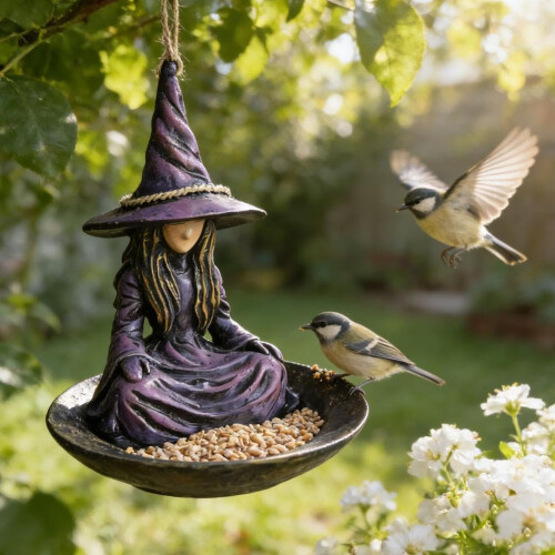 Meditating Witch Resin Hanging Bird Feeder, Garden Statue