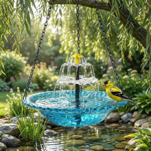 Fontaine Bain Oiseaux Solaire – Bain Oiseaux Suspendu avec Vasque Verre, Attire Oiseaux Sauvages