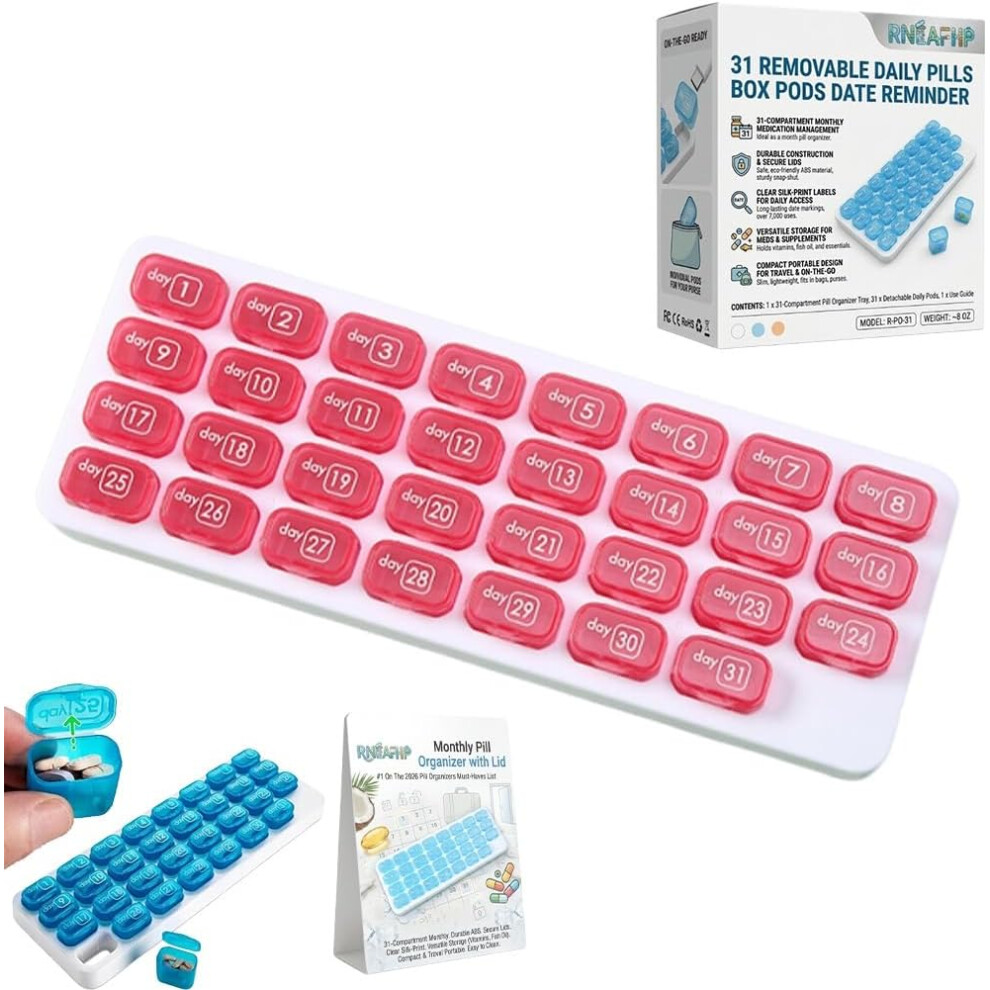 Oimg Monthly Pill Organizer With Lid, 31 Removable Daily Pills Box For Travel