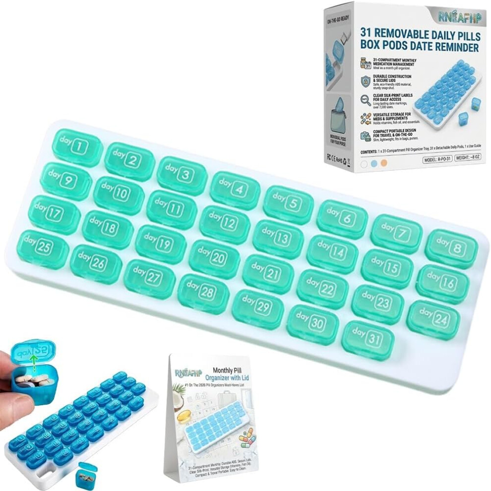 Oimg Monthly Pill Organizer With Lid, 31 Removable Daily Pills Box For Travel
