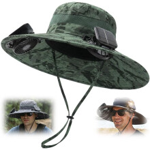 2-in-1 Hands-free Hut Ventilator, UPF 50+ breite Krempe Sonnenhut mit dualen Solarventilatoren für Angeln Wandern