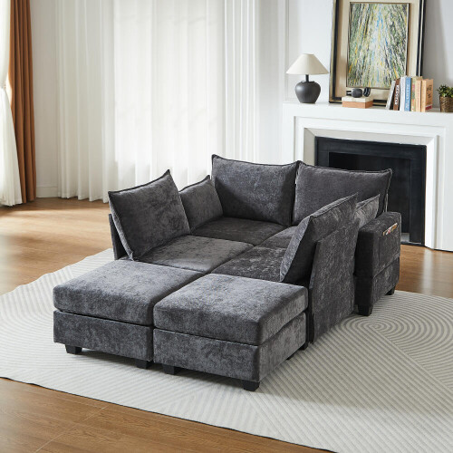 Modulares Chenille-Sofa, Ecksofas für das Wohnzimmer U-förmiges Ecksofa mit Stauraum-Ottomane, 6-Sitzer-Ecksofas mit Chaiselongue 1