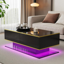 Moderner LED-Couchtisch mit Hochglanz, 100 cm lang, Goldverzierung, 3 Schubladen & USB-LED-Lichtstreifen (Adapter/Powerbank erforderlic
