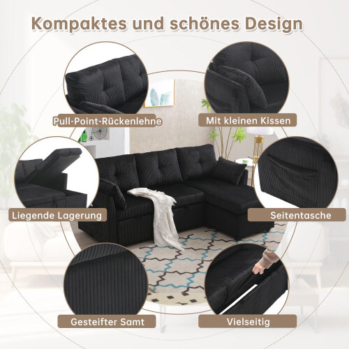 Multi-functional sofa bed with storage and pull-out bed, chaise longue interchangeable sofa bed, sectional sofa with storage seats, mod 2